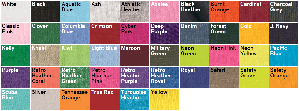 Fruit Of The Loom T Shirt Color Chart